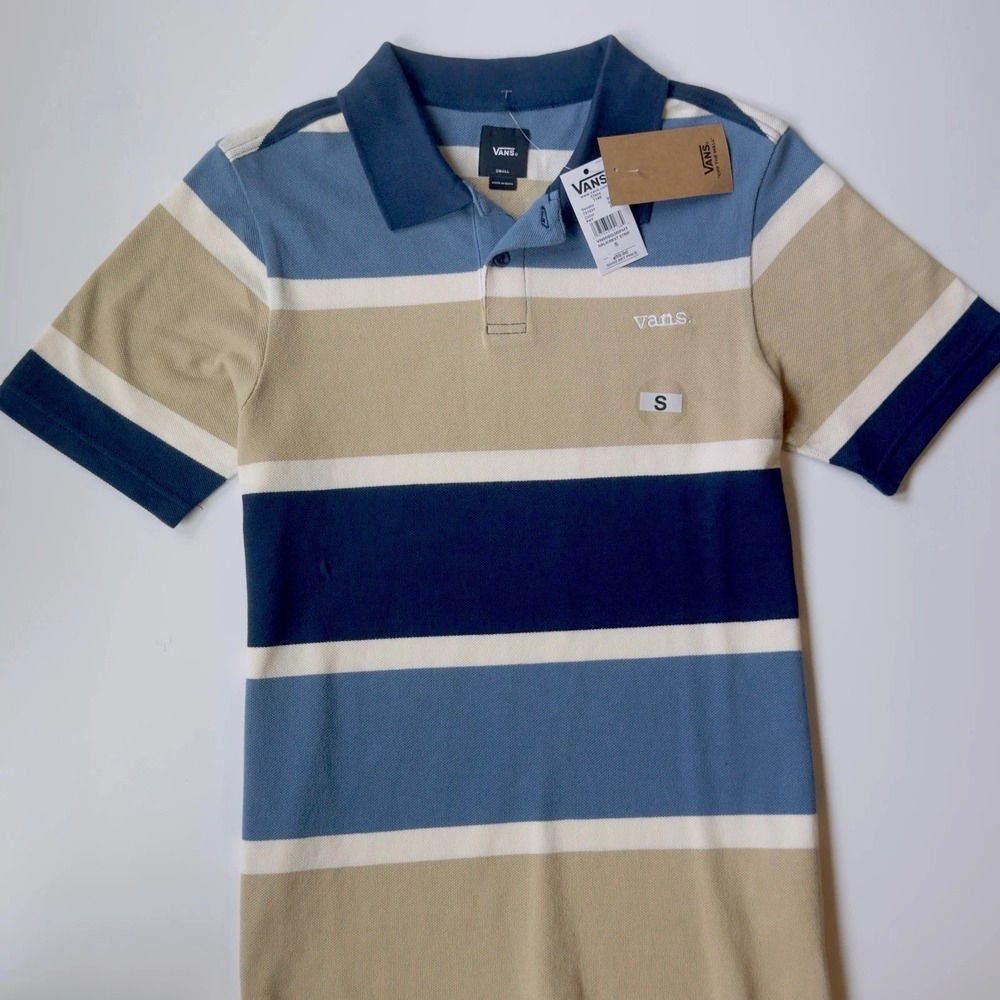 NWT Vans Halicrest Stripe Polo Shirt in Dress Blues/Copen Blue Small‎ MSRP $50